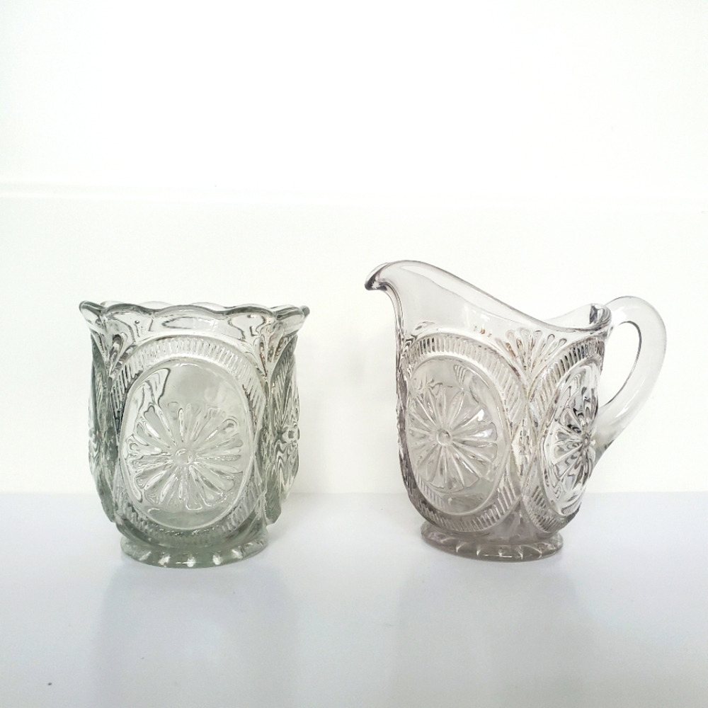 Vtg Light Smokey Large Creamer Sugar Set Footed Scalloped Ornated Pressed Glass